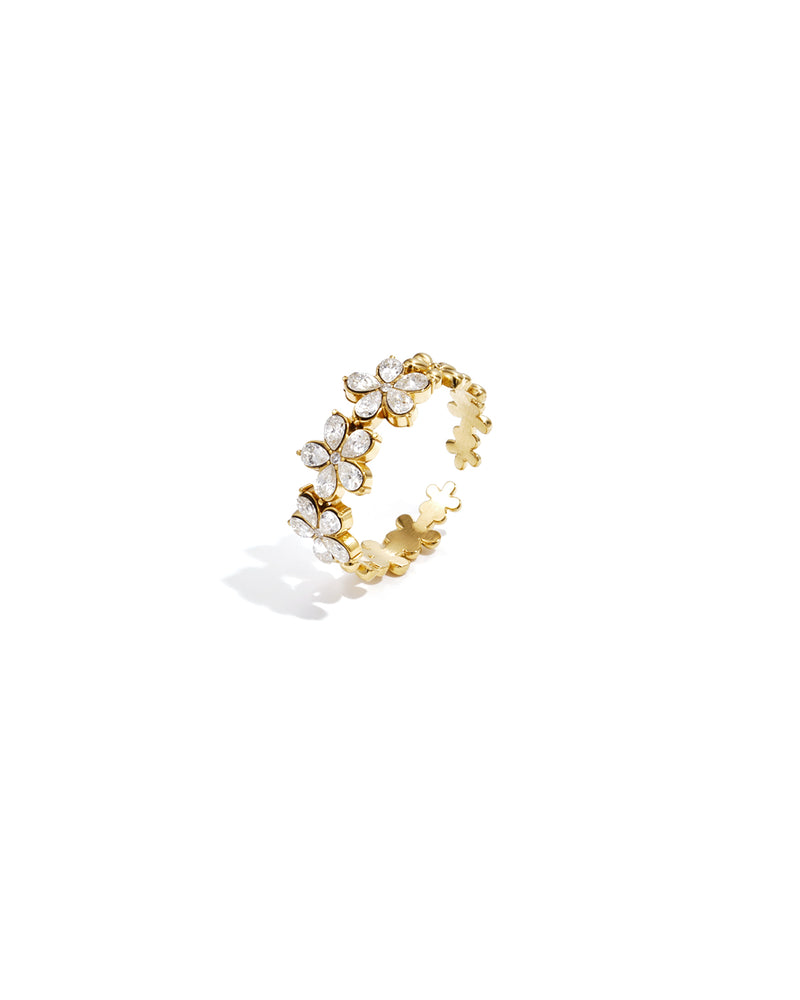 Bague Fleurie Dorée & Strass