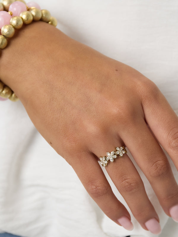 Bague Fleurie Dorée & Strass
